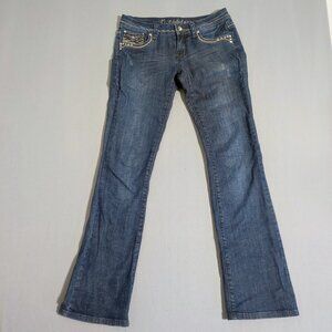 L.A.Idol flare jeans women's junior size 7 dark wash blue rhinestones decor